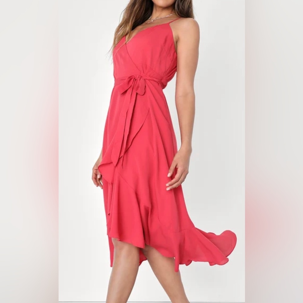 Lulus Manhattan Moment Berry pink ruffle midi wrap dress